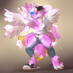  1:1 2015 aggrobadger anthro bottomwear breast_growth breasts clothing duo feathered_wings feathers female fur gender_transformation growth horn horn_growth human_to_anthro mammal mtf_transformation open_mouth pants pink_body pink_fur possession simple_background smile species_request species_transformation spirit standing torn_clothing transformation wing_growth wings 