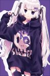  1girl black_legwear bow choker expressionless garter_straps hair_ribbon long_hair original outline purple_background purple_choker purple_eyes purple_hoodie ribbon signature skull_print thighhighs tsubaki_tsubaru twintail_girl_(tsubaki_tsubara) twintails white_hair white_outline 