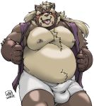  2020 anthro belly blush bottomwear brown_body brown_fur bulge canid canine clothing exe_exem fur goemon_(tas) kemono male mammal moobs nipples overweight overweight_anthro overweight_male raccoon_dog shorts simple_background solo tanuki tokyo_afterschool_summoners tongue tongue_out video_games white_background 