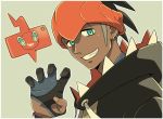  1boy aqua_eyes black_hair black_hoodie claw_pose commentary_request cyaneko dark_skin dark_skinned_male dynamax_band earrings gen_4_pokemon gloves gym_leader hand_up hood hood_down jewelry looking_at_viewer orange_headwear partly_fingerless_gloves pokemon pokemon_(anime) pokemon_(creature) pokemon_swsh_(anime) raihan_(pokemon) rotom rotom_phone smile teeth upper_body 