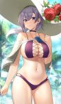  1girl absurdres areola_slip areolae azur_lane bangs bare_shoulders bikini breasts cameltoe capelet choker cleavage cross-laced_bikini_top earrings flower hair_between_eyes hat hat_flower highres jewelry large_breasts large_hat long_hair looking_at_viewer navel outdoors palm_tree ponytail purple_bikini purple_eyes reno_(azur_lane) reno_(summer_spin-off)_(azur_lane) sakamotono sideboob skindentation smile solo sun_hat sunlight swimsuit tree 
