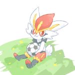  :3 akasaka_(qv92612) ball bunny cinderace closed_mouth commentary_request football_(object) fur gen_8_pokemon grass holding holding_ball looking_up no_humans pokemon pokemon_(creature) red_eyes sitting smile spread_legs 