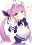  1girl anchor_symbol arm_above_head arm_up backlighting bangs blue_nails blunt_bangs blush bow breasts cleavage_cutout collarbone commentary_request eyebrows_visible_through_hair hololive long_hair maid_headdress minato_aqua purple_eyes purple_hair smile solo virtual_youtuber zpolice 