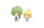  2boys ahoge akasaka_(qv92612) blue_jumpsuit blush brown_pants chibi clemont_(pokemon) commentary_request glasses green_hair hands_up labcoat long_hair long_sleeves male_focus multiple_boys open_mouth pants pokemon pokemon_(anime) pokemon_m21 pokemon_xy_(anime) popped_collar sweat tongue toren_(pokemon) 