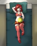  2013 aggrobadger bed breasts clothing female freckles furniture hair holding_object human human_only legwear mammal navel not_furry on_bed pillow red_hair solo stockings 