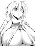  1girl ahoge bangs blush breasts cleavage copyright_request eyebrows_visible_through_hair greyscale highres huge_breasts lifted_by_self monochrome open_mouth shirt_lift simple_background solo tomato_rice underboob upper_body white_background 