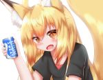  2020 5_fingers ahoge animal_humanoid beverage_can blonde_hair blush canid canid_humanoid canine canine_humanoid clothing cute_fangs dipstick_ears female fingers fox_humanoid fur glistening glistening_eyes glistening_hair hair hi_res holding_object horokusa0519 humanoid inner_ear_fluff long_hair looking_at_viewer mammal mammal_humanoid multicolored_ears open_mouth pupils shirt short_sleeves simple_background slit_pupils solo t-shirt tongue topwear translucent translucent_hair tuft white_background white_body white_fur yellow_body yellow_eyes yellow_fur yellow_tail 