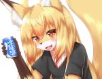  2020 5_fingers ahoge anthro beverage_can black_nose blonde_hair blush brown_body brown_fur canid canine chest_tuft claws clothing cute_fangs dipstick_ears female fingers fox fur glistening glistening_eyes glistening_hair gloves_(marking) hair happy hi_res holding_object horokusa0519 inner_ear_fluff kemono long_hair looking_at_viewer mammal markings multicolored_ears open_mouth pupils shirt short_sleeves simple_background slit_pupils smile solo t-shirt tongue topwear translucent translucent_hair tuft white_background white_body white_fur yellow_body yellow_eyes yellow_fur yellow_tail 