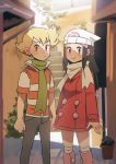  1boy 1girl barry_(pokemon) beanie black_hair blonde_hair blush boots brown_eyes buttons coat commentary dawn_(pokemon) day eyelashes green_scarf grey_eyes hair_ornament hairclip hat highres hunnyamai long_hair long_sleeves looking_at_viewer outdoors pink_footwear plant pokemon pokemon_(game) pokemon_dppt pokemon_platinum potted_plant red_coat scarf short_sleeves sidelocks smile socks white_headwear white_legwear white_scarf 