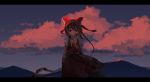  1girl akaiha_(akaihasugk) blood blood_on_face blood_splatter bloody_clothes bow brown_hair cloud dark detached_sleeves empty_eyes evening gohei hair_bow hakurei_reimu letterboxed mountain mountainous_horizon outdoors red_clouds short_hair skirt skirt_set sky solo sunset touhou twilight yellow_neckwear 