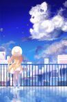  1girl absurdres alolan_form alolan_vulpix balloon blonde_hair braid cityscape cloud commentary day dress fence floating_hair from_behind gen_7_pokemon hat high_heels highres lillie_(pokemon) long_hair outdoors pinlin pokemon pokemon_(game) pokemon_sm reflection sky twin_braids white_dress white_headwear 
