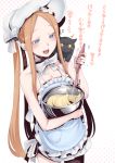  1girl abigail_williams_(fate/grand_order) abigail_williams_(swimsuit_foreigner)_(fate) animal_on_shoulder apron bangs bare_shoulders batter bikini black_cat blonde_hair blue_eyes blush bonnet bow bowl braid breasts cat cat_on_shoulder commentary_request cooking fate/grand_order fate_(series) forehead hair_bow hair_rings highres long_hair mixing_bowl nakamura_regura naked_apron open_mouth parted_bangs sidelocks simple_background small_breasts smile swimsuit translation_request twin_braids twintails very_long_hair whisk white_apron white_background white_bikini white_bow white_headwear 