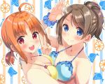  2girls 38-21 bikini blue_eyes blush breasts brown_hair cleavage love_live!_school_idol_project love_live!_sunshine!! orange_hair red_eyes short_hair swimsuit takami_chika watanabe_you 