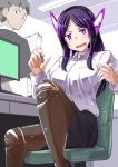  1boy 1girl bright_pupils character_request commentary_request copyright_request grey_hair highres kisa_kazuyuki looking_down office_lady open_mouth purple_eyes purple_hair surprised torn_clothes v-shaped_eyebrows white_pupils 