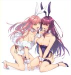  2girls animal_ears blush bow bowtie breasts bunny_ears bunny_girl bunny_tail bunnysuit cleavage collarbone detached_collar fake_animal_ears fake_tail fate/grand_order fate_(series) fluffy high_heels highres holding_another&#039;s_head kneeling large_breasts leg_garter leotard medb_(fate)_(all) medb_(fate/grand_order) medium_breasts multiple_girls open_mouth pink_hair scathach_(fate)_(all) simple_background strapless strapless_leotard tail tia_(cocorosso) white_background wrist_cuffs yellow_eyes 