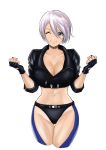  1girl anagumasan angel_(kof) bangs black_gloves black_jacket breasts cleavage clenched_hands closed_mouth collarbone commentary_request cropped_jacket fingerless_gloves fingernails gloves hands_up highres jacket large_breasts lips looking_at_viewer midriff navel one_eye_closed panties short_hair simple_background sleeves_rolled_up smile solo stomach the_king_of_fighters underwear white_background white_hair zipper zipper_pull_tab 