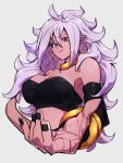  1girl android_21 bare_shoulders black_nails bracelet breasts choker cleavage closed_mouth detached_sleeves dragon_ball dragon_ball_fighterz earrings grey_background hair_between_eyes hoop_earrings jewelry kemachiku long_hair looking_at_viewer majin_android_21 medium_breasts nail_polish pink_hair pink_skin pointy_ears red_eyes simple_background smile solo upper_body yellow_choker 