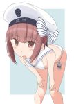  1girl bikini blue_background border brown_eyes brown_hair clothes_writing dress hat kantai_collection kugui_kiyunemu leaning_forward sailor_bikini sailor_collar sailor_dress sailor_hat short_hair smiley_face solo standing swimsuit two-tone_background white_bikini white_border white_headwear z3_max_schultz_(kantai_collection) 