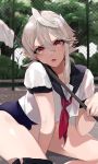  1boy asymmetrical_hair bangs bent_over blurry blurry_background bulge commentary_request corrin_(fire_emblem) corrin_(fire_emblem)_(male) crossdressing depth_of_field eyelashes fire_emblem fire_emblem_fates hair_between_eyes highres holding looking_at_viewer male_focus otoko_no_ko red_eyes red_neckwear sailor_collar sailor_shirt school_swimsuit shiny shiny_skin shirt short_sleeves silver_hair sitting solo swimsuit swimsuit_under_clothes thighs w_(1999_kyu) 