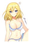  1girl bikini blonde_hair blue_bikini blue_eyes breasts cleavage closed_mouth collarbone eyebrows_visible_through_hair frown girls_und_panzer large_breasts looking_at_viewer medium_hair messy_hair navel oshida_(girls_und_panzer) solo swimsuit tan3charge translation_request wet 
