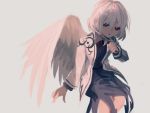  1girl akaiha_(akaihasugk) blood blood_drip empty_eyes feathered_wings grey_background holding holding_knife kishin_sagume knife long_sleeves short_hair simple_background single_wing sitting solo touhou white_hair white_wings wings 