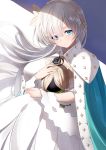 1girl anastasia_(fate) bangs blue_cloak blue_eyes blush breasts brooch cloak doll dress fate/grand_order fate_(series) gooak hair_over_one_eye hairband highres holding holding_doll jewelry large_breasts long_hair looking_at_viewer royal_robe silver_hair very_long_hair viy white_dress 