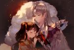  armor black_hair dark_background facial_mark forehead_mark fur inuyasha japanese_clothes kawacy kimono leaf long_hair pointy_ears rin_(inuyasha) sesshoumaru side_ponytail silver_hair smile sword upper_body weapon whisker_markings 