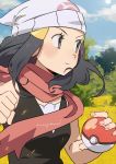  1girl artist_name beanie black_hair blush clenched_hand closed_mouth cloud commentary dawn_(pokemon) day eyelashes grass grey_eyes hair_ornament hairclip hat highres holding holding_poke_ball hunnyamai outdoors pink_scarf poke_ball poke_ball_(basic) pokemon pokemon_(game) pokemon_dppt scarf sidelocks sky solo white_headwear 