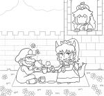  1boy 2girls ayyk92 blanket bowsette collar crown cup dish flower gloves hat mario mario_(series) monochrome multiple_girls new_super_mario_bros._u_deluxe nintendo overalls princess_peach source_request spiked_armlet spiked_collar spiked_gauntlets spiked_shell spiked_tail spikes super_crown tail teacup teapot turtle_shell 