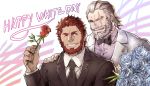  2boys alternate_costume beard bow bowtie crossover facial_hair fate_(series) flower formal grey_eyes hand_on_another&#039;s_shoulder iskandar_(fate) konohanaya looking_at_another looking_at_viewer male_focus manly multiple_boys muscle mustache necktie old_man one_eye_closed overwatch reinhardt_(overwatch) rose scar scar_across_eye short_hair smile suit upper_body white_day white_flower white_hair white_suit 
