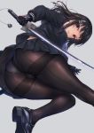  1girl ass bangs bell black_eyes black_footwear black_gloves black_hair black_legwear black_serafuku black_shirt black_skirt breasts closed_mouth commentary_request crotch_seam from_behind gloves grey_background hair_ornament highres holding holding_sword holding_weapon jingle_bell katana latex latex_gloves loafers long_hair long_sleeves looking_at_viewer looking_back medium_breasts miniskirt neckerchief original panties panties_under_pantyhose pantyhose parted_lips pleated_skirt sailor_collar school_uniform serafuku shirt shoes sidelocks skirt smile solo sword thighband_pantyhose thighs toriatto_gununu underwear unsheathed upskirt weapon white_neckwear white_panties 