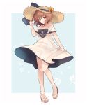  1girl anchor_symbol bracelet brown_eyes brown_hair commentary_request dress full_body hat highres jewelry kantai_collection looking_at_viewer official_alternate_costume open_toe_shoes shakemi_(sake_mgmgmg) short_hair solo standing straw_hat sun_hat sundress white_dress yukikaze_(kantai_collection) 