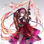  1girl bangs brown_hair eyebrows eyebrows_visible_through_hair hat heart highres holding holding_weapon konome_noi long_sleeves looking_at_viewer official_art pantyhose pleated_skirt red_eyes seiken_manifestia short_hair skirt sleeves solo standing thighhighs weapon white_legwear zettai_ryouiki 