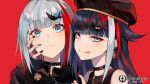  2girls :q admiral_graf_spee_(azur_lane) azur_lane bangs black_hair black_nails blue_eyes blunt_bangs blush choker deutschland_(azur_lane) expressionless eyebrows_visible_through_hair hair_ornament hat highres jacket long_hair looking_at_viewer multicolored_hair multiple_girls ram_(ramlabo) red_hair short_hair sidelocks silver_hair sleeveless smile streaked_hair tongue tongue_out zipper 