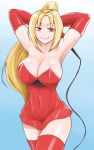  1girl bare_shoulders blonde_hair breasts cleavage closed_mouth collarbone commentary_request dress elbow_gloves gloves holding large_breasts long_hair looking_at_viewer ponytail red_dress red_gloves short_dress shynesslady simple_background smile solo star_ocean star_ocean_the_second_story strapless very_long_hair 