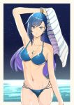  1girl bikini blue_bikini blue_eyes blue_hair breasts commentary_request highres long_hair looking_at_viewer maria_traydor medium_breasts ocean riku_(ukir125) rikurikuriku555 solo star_ocean star_ocean_anamnesis star_ocean_till_the_end_of_time swimsuit 