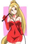 1girl bare_shoulders blonde_hair breasts cleavage closed_mouth collarbone commentary_request dress elbow_gloves gloves highres holding large_breasts long_hair looking_at_viewer ponytail red_dress red_gloves short_dress shynesslady smile solo star_ocean star_ocean_the_second_story strapless very_long_hair 