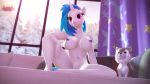  16:9 3d_(artwork) 4k absurd_res anthro anthrofied blue_hair canid canine detailed_background digital_media_(artwork) equid equine eyelashes female friendship_is_magic furniture genitals hair hasbro hi_res horn loveslove mammal my_little_pony nude pillow plushie pussy sitting snow sofa solo source_filmmaker unicorn vinyl_scratch_(mlp) white_body widescreen window 