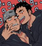  2boys aikawa_(dorohedoro) backwards_hat bara black_eyes black_hair cheek_licking chest clone dorohedoro face_licking facial_hair facial_mark hand_on_another&#039;s_face hat hood hoodie licking looking_at_viewer male_focus manly multiple_boys muscle open_clothes open_hoodie saliva saturday_(hokawazu) selfcest short_hair sideburns sweat teeth upper_body 