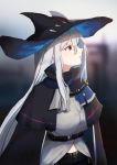  1girl absurdres arknights ascot bangs belt black_headwear black_neckwear black_pants black_shirt black_sleeves blurry blurry_background breasts commentary eyebrows_visible_through_hair grey_jacket hair_between_eyes hat highres jacket long_hair long_sleeves looking_to_the_side medium_breasts pants red_eyes shirt silver_hair skadi_(arknights) sleeveless sleeveless_shirt solo upper_body vchan very_long_hair 