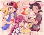  1girl 2boys :d antenna_hair artist_name ash_ketchum baseball_cap blush chloe_(pokemon) closed_eyes collarbone commentary copyright_name eyelashes gen_1_pokemon gen_8_pokemon goh_(pokemon) green_eyes hat heart highres holding holding_pokemon hug jacket looking_down multiple_boys on_shoulder one_eye_closed open_mouth pikachu pokemon pokemon_(anime) pokemon_(creature) pokemon_on_shoulder pokemon_swsh_(anime) ponytail red_hair scorbunny shirt short_sleeves smile teeth tied_hair tongue white_shirt yamper yataba_(pk_ytb) 