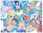  3boys 3girls ;d alolan_form alolan_marowak alolan_vulpix ash_ketchum bangs blonde_hair blue_eyes blue_hair bone brown_hair clawitzer cloud day from_below gen_1_pokemon gen_6_pokemon gen_7_pokemon goggles goggles_on_head highres holding_hands kiawe_(pokemon) lana_(pokemon) lillie_(pokemon) long_hair looking_at_viewer mallow_(pokemon) mei_(maysroom) multiple_boys multiple_girls on_shoulder one-piece_swimsuit one_eye_closed open_mouth orange_hair outdoors pikachu pokemon pokemon_(anime) pokemon_(creature) pokemon_on_shoulder pokemon_sm_(anime) popplio red_hair rowlet shirtless short_hair shorts sky smile sophocles_(pokemon) starfish_hair_ornament staryu steenee sun swimsuit symbol_commentary teeth togedemaru tongue v white_swimsuit 