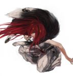  1girl bandages blood bloody_weapon breasts fur green_eyes highres knife kurosujuu long_hair looking_at_viewer medium_breasts paws red_hair sarashi shut_hell shut_hell_(character) simple_background smile solo weapon white_background 