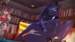  16:9 3d_(artwork) 4k absurd_res anthro anthrofied big_breasts blue_body blue_hair bookshelf breasts canid canine crown cutie_mark detailed_background digital_media_(artwork) equid female friendship_is_magic furniture hair hasbro hi_res horn loveslove mammal my_little_pony nude plushie princess_luna_(mlp) sitting solo source_filmmaker widescreen winged_unicorn wings 
