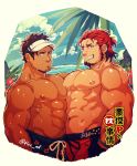  2boys abs bara bare_chest brown_eyes brown_hair bulge bulge_docking chest dark dark_skin dark_skinned_male facial_hair flee_ad goatee hat male_focus male_swimwear manly multiple_boys muscle navel nipples original outdoors pectoral_docking pectoral_press pectorals red_eyes red_hair shiny shiny_skin short_hair sideburns summer swim_trunks swimwear upper_body 