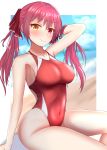  1girl absurdres beach blurry breasts commentary_request competition_swimsuit depth_of_field eyebrows_visible_through_hair heterochromia hibika highleg highleg_swimsuit highres hololive houshou_marine large_breasts long_hair looking_at_viewer one-piece_swimsuit red_eyes red_hair red_swimsuit sitting solo swimsuit twintails virtual_youtuber yellow_eyes 
