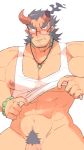  1boy abs bara bare_chest blue_pubic_hair chest cropped_legs dark_blue_hair facial_hair fang flaccid highres horns jewelry looking_at_viewer male_focus male_pubic_hair manly muscle navel necklace nipple_slip nipples pectorals penis penis_peek pubic_hair saturday_(hokawazu) scar shirt_lift short_hair sideburns simple_background solo stubble takemaru_(tokyo_houkago_summoners) tank_top thick_eyebrows thick_thighs thighs tokyo_houkago_summoners upper_body 