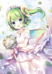  1girl :d bangs bare_shoulders blue_eyes blurry blurry_background blush bouquet bow collarbone commentary_request daiyousei depth_of_field detached_sleeves dress eyebrows_visible_through_hair fairy_wings flower green_flower green_hair green_wings hair_between_eyes hair_bow holding holding_bouquet leaves_in_wind one_side_up open_mouth pjrmhm_coa puffy_short_sleeves puffy_sleeves rose short_sleeves smile solo strapless strapless_dress tiara touhou wedding_dress white_dress white_flower white_rose white_sleeves wings yellow_bow 