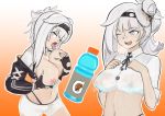  1girl absurdres bandaid bandaid_on_nose blush breast_licking breasts cellix1 freckles g-string gatorade girls_frontline heavy_breathing highres lactation lactation_through_clothes large_breasts licking light_blue_eyes long_hair lusa_(girls_frontline) multiple_views navel one_eye_closed open_mouth smile sweatdrop thong white_hair 