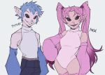  2020 alternate_species angel_(lilo_and_stitch) black_eyes blue_hair breasts character_name clothed clothing disney duo female grainy hair half-length_portrait hand_on_hip hi_res humanoid humanoid_pointy_ears humanoidized lilo_and_stitch long_hair looking_at_viewer male not_furry notched_ear open_mouth open_smile pigtails pink_hair portrait purple_tongue short_hair small_breasts smile standing stitch_(lilo_and_stitch) tongue uochandayo 